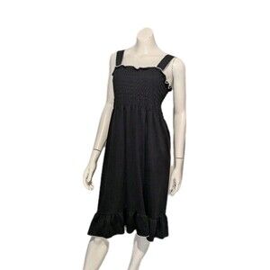 Vintage 80s Black Smocked Bodice Wide Strap Ruffle Sundress Back Zip Poly Knit